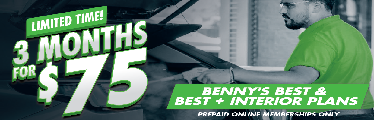 A man in a green shirt cleans a car; ad text offers 3 months for $75 on Benny's Best & Best + Interior plans.