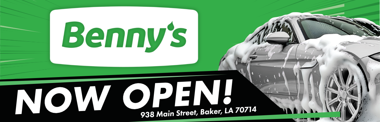 Benny's Car Wash is now open. A silver car covered in soap suds sits at 938 Main Street, Baker, LA 70714.