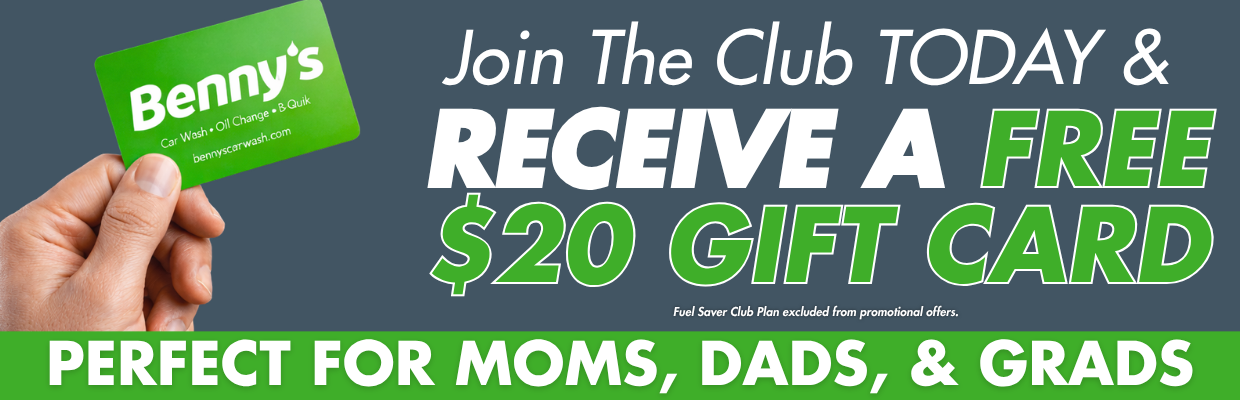 Hand holding a green Benny’s card offering a free $20 gift card for joining B-Quik, perfect for moms, dads, or grads.