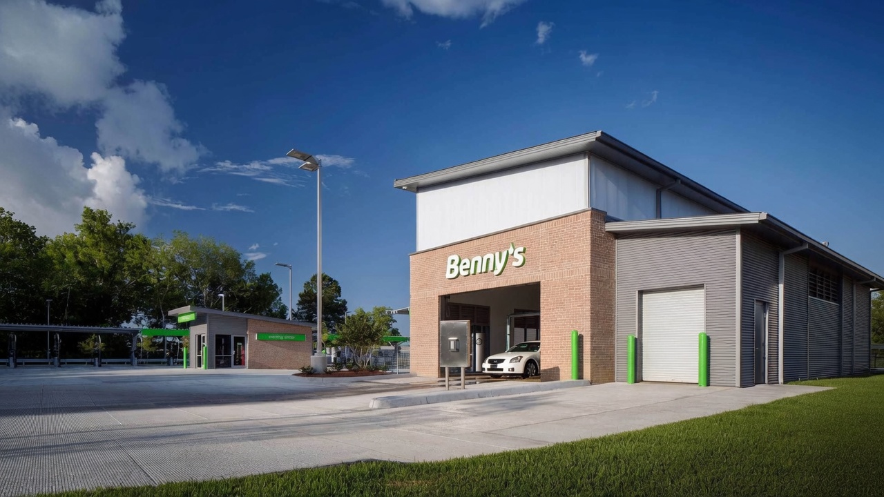 Benny's modern brick car wash features a white car inside, a clear blue sky, and an FAQ section for customers.
