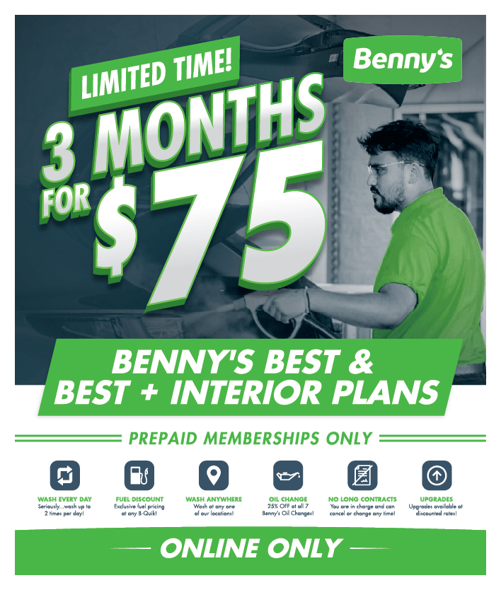 3 month for $75 A man in a green shirt washes a car. Text promotes 3 months for $75 at Benny’s prepaid car wash, online only.